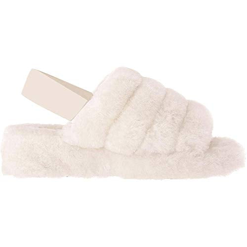 Women Fur Wedge Slippers with Ankle Elastic Band Open Toe Winter Slides Home Slipper Plush...