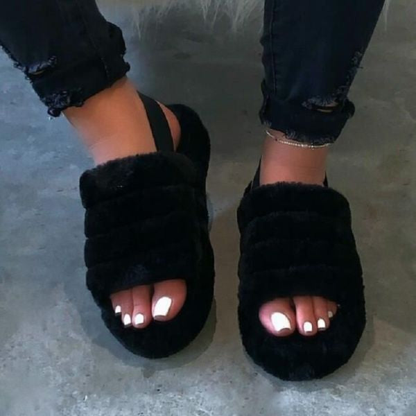 Women Fur Wedge Slippers with Ankle Elastic Band Open Toe Winter Slide –  Jontes Unique Boutique