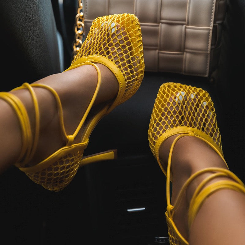 Yellow Mesh Square Toe Lace Up Heeled Sandals