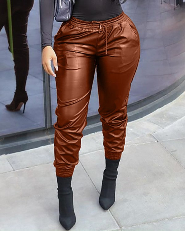 Chic PU Leather Drawstring Pocket Design Skinny Pants