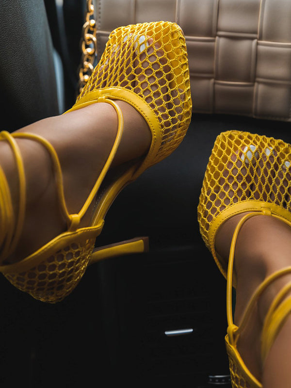 Yellow Mesh Square Toe Lace Up Heeled Sandals