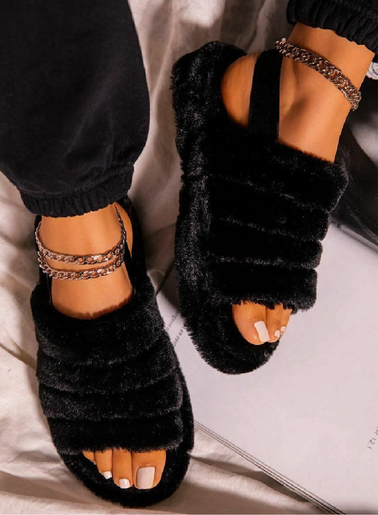 Women Fur Wedge Slippers with Ankle Elastic Band Open Toe Winter Slides Home Slipper Plush...