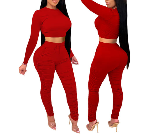 Crop Solid Color Long Sleeve Stacked Pants 2 Piece Set